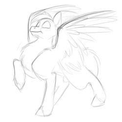 Size: 3300x3300 | Tagged: safe, artist:foxenawolf, oc, oc only, oc:playbitz, pegasus, pony, :t, chest fluff, fluffy, funny, high res, mating dance, monochrome, pegasus posse, pose, puffy cheeks, raised hoof, silly, sketch, solo, spread wings, strut
