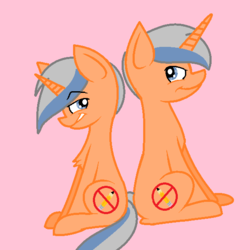 Size: 592x592 | Tagged: safe, artist:pettysprinkles, oc, oc only, pony, back to back, duo, female, grin, male, raised eyebrow, rule 63, sitting, smiling, smirk, stallion