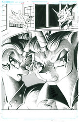 Size: 900x1391 | Tagged: safe, artist:andypriceart, idw, princess celestia, princess luna, alicorn, pony, g4, reflections, spoiler:comic, spoiler:comic19, angry, evil celestia, evil counterpart, evil luna, evil sisters, flying, grayscale, growling, lidded eyes, mirror universe, monochrome, open mouth, spread wings, wings