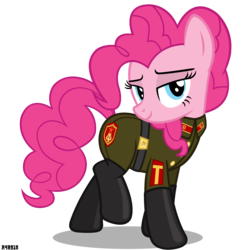 Size: 3000x3100 | Tagged: safe, artist:a4r91n, pinkie pie, g4, bedroom eyes, clothes, communism, high res, looking at you, military uniform, pose, sergeant, simple background, soviet, transparent background, uniform, vector