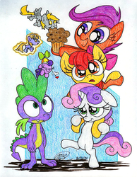 Size: 1024x1322 | Tagged: safe, artist:loreto-arts, apple bloom, derpy hooves, dinky hooves, scootaloo, screwball, spike, sweetie belle, earth pony, pony, g4, apple bloom riding sweetie belle, bipedal, cute, cutie mark crusaders, double riding, eyes closed, floppy ears, frown, hat, heart, levitation, magic, micro, muffin, nom, open mouth, ponies riding ponies, ponies riding ponies riding ponies, propeller hat, riding, scootaloo riding apple bloom, screwball riding spike, self-levitation, small, smiling, telekinesis, tiny ponies, wavy mouth, wide eyes