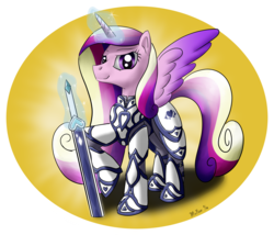 Size: 2950x2526 | Tagged: safe, artist:mcnum, princess cadance, g4, armor, female, high res, magic, smiling, smirk, solo, spread wings, sword