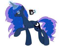 Size: 2048x1536 | Tagged: safe, artist:bratzoid, princess luna, alicorn, pony, g4, bed mane, coffee, female, mare, morning ponies, simple background, solo, transparent background