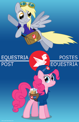 Size: 600x928 | Tagged: dead source, safe, artist:neko-kun67, derpy hooves, pinkie pie, pegasus, pony, g4, bilingual, canada, canada post, clothes, female, french, hat, mail, mailbag, mailmare, mare, parody, polo shirt, ponified