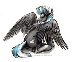 Size: 720x605 | Tagged: safe, artist:kenket, thunderlane, pegasus, pony, g4, butt, goggles, large wings, male, plot, sitting, stallion, wings