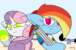 Size: 1024x683 | Tagged: safe, artist:xodiaq, rainbow dash, sweetie belle, pegasus, pony, robot, robot pony, unicorn, g4, duo, female, filly, foal, hooves, horn, mare, smiling, sweetie bot