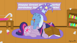 Size: 2048x1152 | Tagged: safe, artist:ragnarokia, trixie, twilight sparkle, alicorn, pony, g4, birthday, duo, female, lesbian, mare, ship:twixie, shipping, twilight sparkle (alicorn)