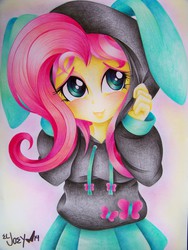 Size: 2736x3648 | Tagged: safe, artist:eljoeydesigns, fluttershy, equestria girls, g4, blushing, bunny ears, clothes, cute, dangerous mission outfit, drawing, female, high res, hoodie, shyabetes, skirt, smiling, solo, sweater, sweatershy