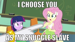 Size: 987x557 | Tagged: safe, edit, edited screencap, screencap, fluttershy, rarity, twilight sparkle, equestria girls, g4, do not want, duo, image macro, imma snuggle you, meme, snuggling