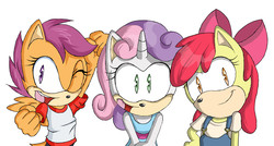 Size: 5297x2845 | Tagged: dead source, safe, artist:atomiclance, apple bloom, scootaloo, sweetie belle, earth pony, pony, unicorn, anthro, g4, cutie mark crusaders, horn, simple background, sonic the hedgehog (series), sonicified, style emulation, white background