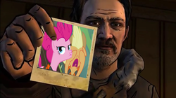 Size: 656x368 | Tagged: safe, applejack, pinkie pie, g4, carver, carver (the walking dead), duckface, photo, the walking dead, the walking dead game, the walking dead game season 2