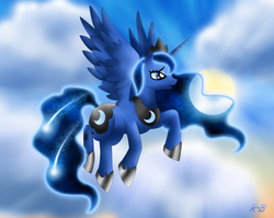 Size: 1879x1496 | Tagged: safe, artist:rose-beuty, princess luna, g4, female, flying, meteor, moon, solo, sun, surreal