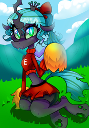 Size: 722x1039 | Tagged: dead source, safe, artist:kaliptro, queen chrysalis, changeling, changeling queen, anthro, g4, alternate hairstyle, cheerleader, cheerleader chrysalis, clothes, cute, cutealis, female, midriff, solo