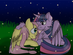 Size: 793x601 | Tagged: safe, artist:gatoamante, fluttershy, twilight sparkle, alicorn, firefly (insect), pony, g4, bedroom eyes, cuddling, cute, duo, duo female, eye contact, female, frown, grass, hug, lesbian, mare, night, prone, ship:twishy, shipping, shy, smiling, snuggling, stars, twilight sparkle (alicorn), winghug