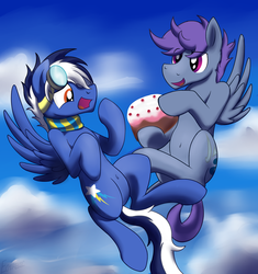 Size: 1280x1361 | Tagged: safe, artist:dripponi, oc, oc only, oc:blue blaze, oc:windy dripper, pegasus, pony, belly button, cake, goggles, male, sky