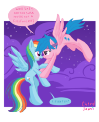 Size: 1300x1600 | Tagged: safe, artist:cheryl-jum, firefly, rainbow dash, pegasus, pony, comic:dash academy, g1, g4, blushing, cross-generational shipping, duo, female, flying, headband, lesbian, mare, ship:dashfly, shipping