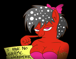 Size: 500x392 | Tagged: safe, artist:catfood-mcfly, oc, oc only, oc:cherry soda, original species, soda pony, anthro, bedroom eyes, breasts, female, hair bow, pony shaming, shaming, solo