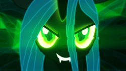 Size: 1920x1080 | Tagged: safe, artist:lunalewdie, queen chrysalis, changeling, changeling queen, g4, female, glitch, glowing eyes, green, magic, wallpaper