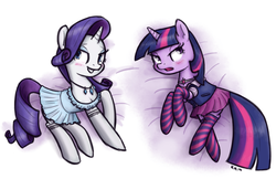 Size: 1280x828 | Tagged: safe, artist:king-kakapo, rarity, twilight sparkle, pony, unicorn, g4, bedroom eyes, blushing, clothes, dress, grin, necklace, on side, open mouth, skirt, smiling, socks, striped socks, unicorn twilight, zettai ryouiki