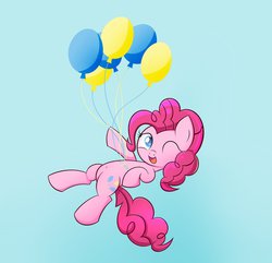 Size: 911x877 | Tagged: safe, artist:heavymetalbronyyeah, pinkie pie, g4, balloon, belly button, female, floating, lounging, solo, then watch her balloons lift her up to the sky, wink
