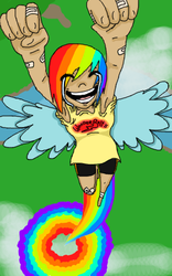 Size: 400x640 | Tagged: safe, artist:curiiosiity, rainbow dash, human, g4, crying, day, female, flying, humanized, solo, sonic rainboom, tears of joy