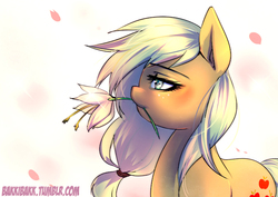 Size: 700x495 | Tagged: safe, artist:bakki, applejack, g4, bedroom eyes, blushing, eyeliner, female, flower, flower in mouth, makeup, mouth hold, solo