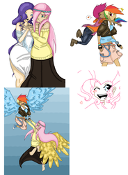 Size: 3008x4096 | Tagged: safe, artist:curiiosiity, fluttershy, pinkie pie, rainbow dash, rarity, scootaloo, human, g4, clothes, dress, female, humanized, long skirt, skirt, sweater, sweatershy, winged humanization, wings