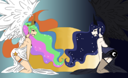 Size: 2836x1724 | Tagged: safe, artist:curiiosiity, princess celestia, princess luna, human, g4, eyes closed, humanized, royal sisters, sisters, sitting