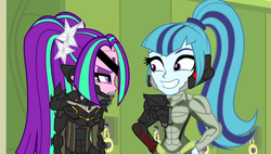 Size: 2771x1573 | Tagged: safe, aria blaze, sonata dusk, equestria girls, g4, my little pony equestria girls: rainbow rocks, alternate hairstyle, female, jetstream sam, konami, meme, metal gear, metal gear rising, raiden, smiling, sonata's alternate hairstyle