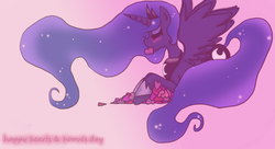 Size: 1278x694 | Tagged: safe, artist:curiiosiity, princess luna, g4, eyes closed, female, heart, mouth hold, prone, solo, spread wings