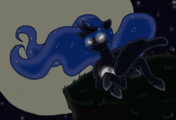 Size: 806x550 | Tagged: safe, artist:curiiosiity, princess luna, g4, female, glowing eyes, moon, prone, solo