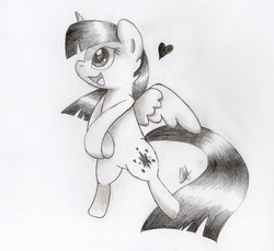 Size: 2123x1943 | Tagged: safe, artist:rapiddash189, twilight sparkle, alicorn, pony, g4, female, heart, mare, monochrome, pencil drawing, solo, traditional art, twilight sparkle (alicorn)