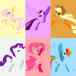 Size: 3840x3840 | Tagged: safe, artist:shikanime, applejack, fluttershy, pinkie pie, rainbow dash, rarity, twilight sparkle, alicorn, pony, g4, female, glowing eyes, high res, mane six, mare, twilight sparkle (alicorn)