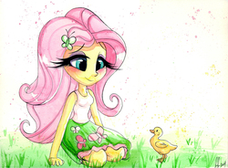 Size: 968x714 | Tagged: safe, artist:prettypinkpony, fluttershy, duck, equestria girls, g4, clothes, female, long eyelashes, skirt, solo, tank top