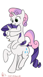 Size: 1836x3264 | Tagged: safe, artist:orang111, rarity, sweetie belle, pony, g4, covering eyes, duo, guess who, ponies riding ponies, prank, riding, simple background, sisters, sweetie belle riding rarity, white background