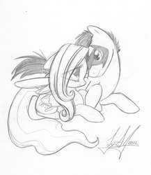 Size: 1735x2000 | Tagged: safe, artist:lizspit, fluttershy, oc, pegasus, pony, g4, canon x oc, cuddling, eye contact, female, holding hooves, hug, male, prone, shipping, smiling, snuggling, straight, traditional art, winghug