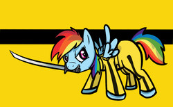 Size: 812x500 | Tagged: safe, artist:mintykoneko, rainbow dash, pegasus, pony, g4, female, katana, kill bill, mare, mouth hold, sword, weapon