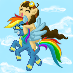 Size: 500x500 | Tagged: safe, artist:eggsnyost, rainbow dash, oc, g4, ponies riding ponies, riding, wonderbolts uniform
