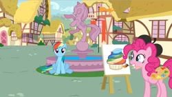 Size: 1022x577 | Tagged: safe, pinkie pie, rainbow dash, earth pony, pegasus, pony, fanfic:cupcakes, g4, cupcake, feather, fountain, pinkie's painting, ponyville, rainbow cupcake