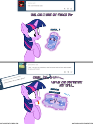 Size: 1050x1400 | Tagged: safe, artist:navitaserussirus, trixie, twilight sparkle, asktwixiegenies, g4, blueberry, cake, cellular peptide cake (with mint frosting), comic, dialogue, female, food, food transformation, i have no mouth and i must scream, imminent vore, inanimate tf, lesbian, muffled words, ship:twixie, shipping, soda, transformation, twipred