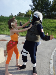 Size: 1500x2000 | Tagged: safe, applejack, human, g4, barefoot, bottle, clothes, concrete, convention, cosplay, costume, ear fluff, feet, grass, hand, hat, hatake kakashi, irl, irl human, naruto, photo, tree, wig