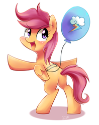 Size: 900x1143 | Tagged: safe, artist:sion-ara, scootaloo, pony, g4, balloon, female, happy, open mouth, rearing, solo