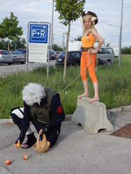 Size: 1500x2000 | Tagged: safe, applejack, human, g4, apple, barefoot, basket, bottle, car, clothes, concrete, convention, cosplay, costume, feet, grass, hand, hat, hatake kakashi, irl, irl human, kneeling, naruto, parking lot, photo, rope, sign, slave, tree, wig