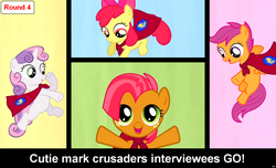Size: 1600x973 | Tagged: safe, apple bloom, babs seed, scootaloo, sweetie belle, comic:celestia's servant interview, g4, cape, caption, clothes, cs captions, cutie mark crusaders, interview