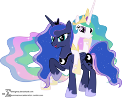 Size: 9690x7780 | Tagged: safe, artist:90sigma, princess celestia, princess luna, alicorn, pony, g4, absurd resolution, duo, duo female, female, jewelry, leaning, mare, open mouth, raised hoof, regalia, royal sisters, siblings, simple background, sisters, transparent background, vector