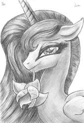 Size: 2329x3435 | Tagged: safe, artist:kp-shadowsquirrel, artist:saucey4, princess luna, alicorn, pony, g4, eyeshadow, female, floppy ears, flower, flower in mouth, grayscale, high res, makeup, monochrome, mouth hold, solo, trace