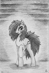 Size: 2343x3439 | Tagged: safe, artist:saucey4, dj pon-3, vinyl scratch, g4, eyeliner, female, grayscale, high res, makeup, missing accessory, monochrome, raised hoof, smiling, solo