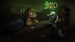 Size: 1024x576 | Tagged: safe, artist:teschke, oc, oc only, oc:velvet remedy, earth pony, pony, unicorn, fallout equestria, alcohol, bar, bottle, clothes, colored hooves, cutie mark, fanfic, fanfic art, female, hoof fluff, hooves, horn, jumpsuit, male, mare, neon, sitting, stallion, text, vault suit, whiskey