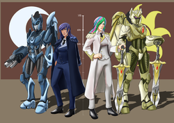 Size: 4210x2976 | Tagged: safe, artist:smilingdogz, princess celestia, princess luna, human, robot, comic:thousand lights, g4, armor, duo, female, greatcoat, humanized, mecha, moon, power armor, royal sisters, sisters, size chart, sun, sword, warframe, weapon, woman