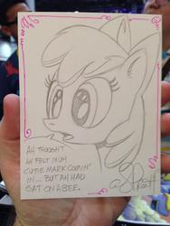 Size: 768x1024 | Tagged: safe, artist:andypriceart, apple bloom, earth pony, pony, g4, accent, adorabloom, apple bloom's bow, bow, cute, female, filly, funny aneurysm moment, hair bow, harsher in hindsight, hilarious in hindsight, solo, traditional art